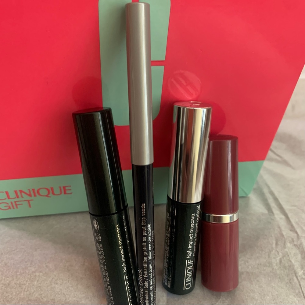 Clinique makeup bundle - full size lipstick, two black mascara’s, black eyeliner